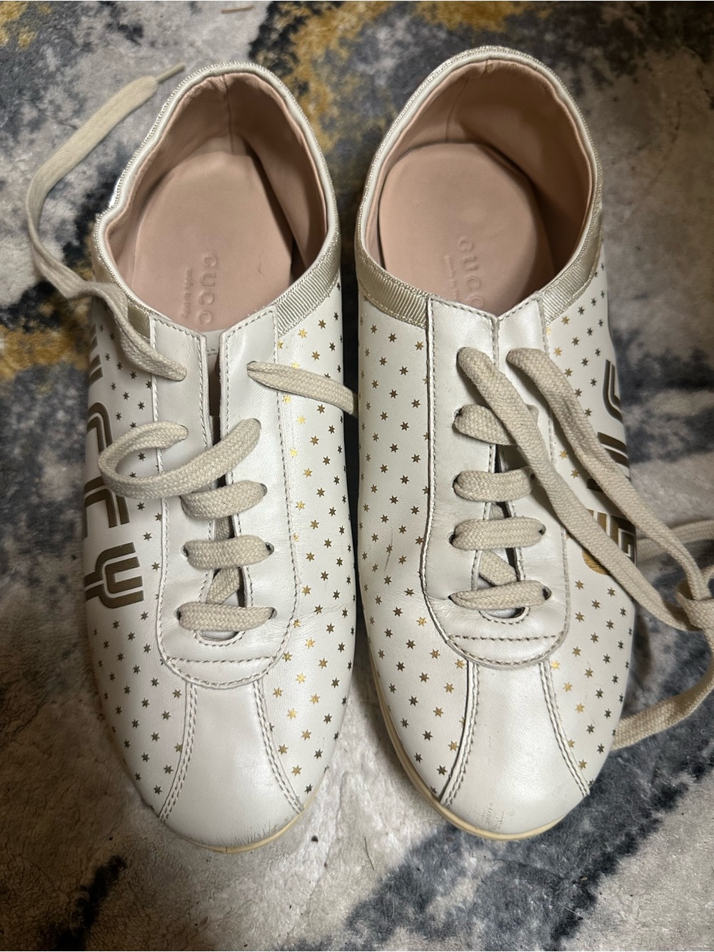 Gucci White Leather Star-Print Athletic Sneakers with Gold Accents